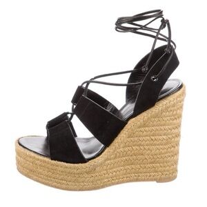 Saint Laurent Platform Espadrille Wedge Sandal Heels Ankle Wrap Suede Black 38.5
